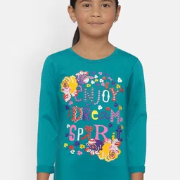 SINI MINI Girls Teal Blue Printed Round Neck Pure Cotton T-shirt-picture-55