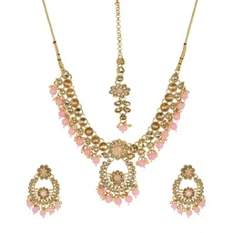 ANIKAS CREATION Gold-Plated Pink & White Kundan-Studded Pearl Beaded Handcrafted Jewellery Set image 2