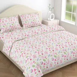 Haus & Kinder White & Pink Cotton 186 TC Double Size Flat Bedsheet with 2 Pillow Covers image 1