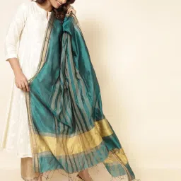 Fabindia Teal Green Woven Pattern Dupatta image 1