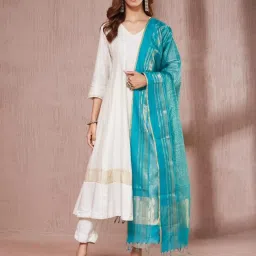 Fabindia Teal Cotton Silk Regular Fit Printed Dupatta image 1