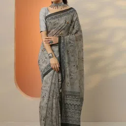 Libas Grey Floral Print Saree With Unstitched Blouse image 1
