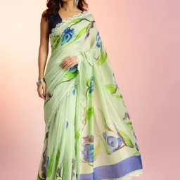 navyasa by liva Dark Green Printed Saree With Unstitched Blouse image 1