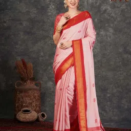 Satrani Light Pink & Red Silk Woven Saree With Unstitched Blouse image 1