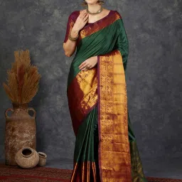 Satrani Olive Green & Dark Marron Saree With Unstitched Blouse image 1