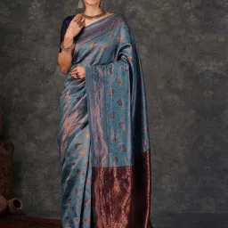 Satrani Blue Silk Woven Saree With Unstitched Blouse image 1