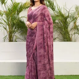 Satrani Dusty Magenta Floral Print Saree With Unstitched Blouse image 1