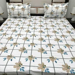 Pure Decor White & Beige Floral 330 TC Queen Bedsheet with 2 Pillow Covers image 2