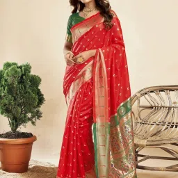 Satrani Red & Green Woven Saree With Unstitched Blouse image 1