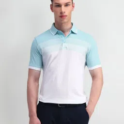 Arrow Aqua Cotton Regular Fit Colour Block Polo T-Shirt image 1
