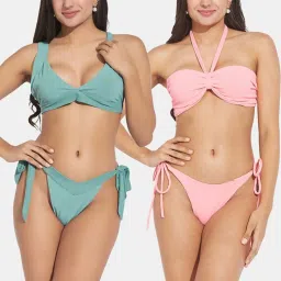 Secrets By ZeroKaata Green & Pink Plain Swimwear Bikini image 1