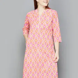 Melange by Lifestyle Orange & Pink Cotton Printed Kurta-image-30