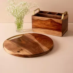 Nestroots Brown Teak Wood Serving Platter & Cutlery Holder Set image 1