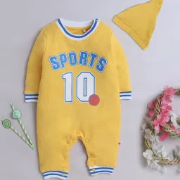 Bumzee Boys Yellow Cotton Graphic Sleepsuit & Cap image 1