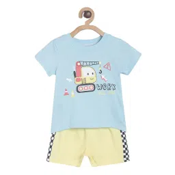 MINIKLUB Boys Blue & Yellow Graphic Print T-Shirt with Shorts image 1