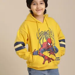 Kidsville Spiderman Printed Regular Fit Yellow Hoodie For Boys image 1
