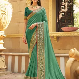 Saree Mall Green Woven Sarees With Unstitched Blouse image 1