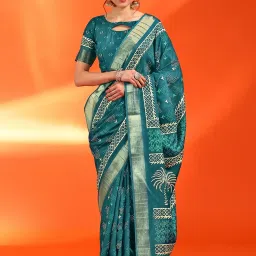 Saree Mall Blue Printed Sarees With Unstitched Blouse image 1