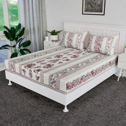 RUBOXA Green & Pink Floral 144 TC King Bedsheet with 2 Pillow Covers-picture-27