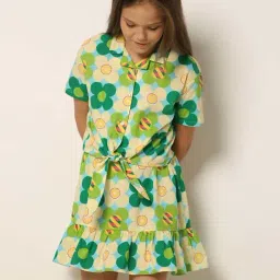 VERO MODA GIRL Green & Cream Cotton Floral Print Shirt-image-52