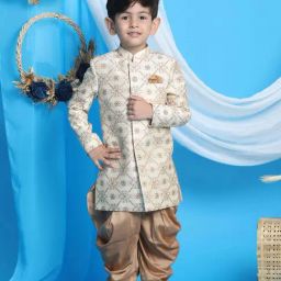 VASTRAMAY Boys Beige & Gold Self Full Sleeves Indowestern Sets-picture-17