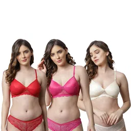 samvar Women Red,Pink,Brown Cotton Bra Panty Set for Lingerie Set Undergarments Pack of 3-picture-29