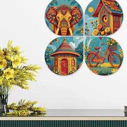 ArtVibes Red & Blue Set Of 4 Indian Decorative Printed Wooden Wall Hangings image 2