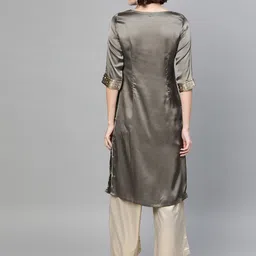 W Women Charcoal Grey & Golden Satin Finish Floral Print Straight Kurta image 3
