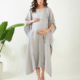 The Kaftan Company Three Fourth Sleeves Solid Radiant Soft Linen Maternity And Feeding Kaftan With Concealed Zipper Nursing Access - Blue-picture-15
