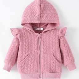 Kookie Kids Full Sleeves Front Open Hoodie With Frill Detailing & Cable Knit Design - Pink-picture-41