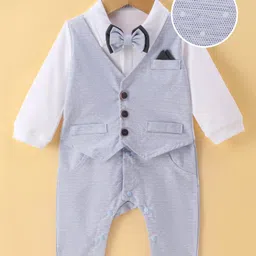 Mark & Mia Full Sleeves Printed Party Romper with Attached Waist Coat & Bow - Greyish Blue-picture-26