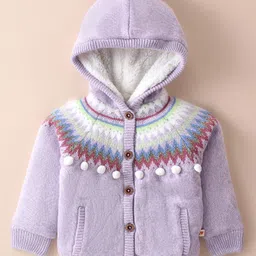 Yellow Apple Knit Full Sleeves Hooded Sweater Intarsia Design - Lilac-image-91