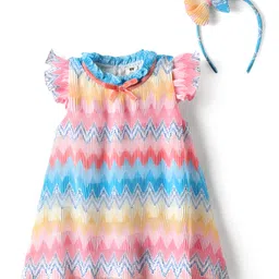 ToffyHouse Woven Frill Sleeves Printed Frock With Headband - Multicolor-image-55