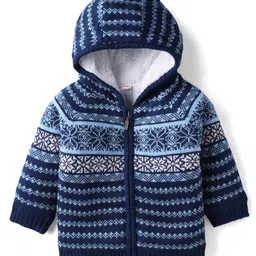 Babyhug Knit Full Sleeves Hooded Front Open Sweater with Aztec Design - Navy Blue-picture-15