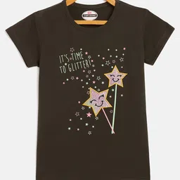 Fort Divine Cotton Lycra Knit Half Sleeves Its Time To Glitter Text Printed Tee - Olive Green-picture-31