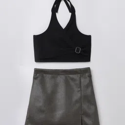 Taffykids Knit Sleeveless Solid Crop Top & Textured Skirt Set - Black & Olive-image-12