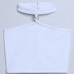 Taffykids Knit Sleeveless Ring Detailed Ribbed Halter Neck Crop Top - White-picture-35