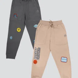Kiddopanti Pack Of 2 Cotton Fleece Knit Smiley And Basket Ball Printed Track Pants - Beige & Dark Grey image 1