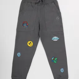 Kiddopanti Pack Of 2 Cotton Fleece Knit Smiley And Basket Ball Printed Track Pants - Beige & Dark Grey image 3