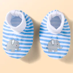 Babyhug 100% Cotton Knit Mittens and Bootie Set with Stripes & Animal Print - White & Blue image 4