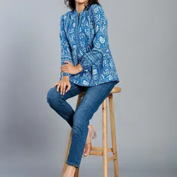 BAESD Women Floral Printed Mandarin Collar Cotton Longline Top-picture-14
