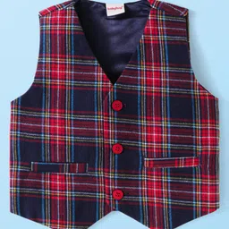 Babyhug Woven Full Sleeves Solid Color Shirt & Jeans with Bow & Checkered Waistcoat - Red & Blue image 5