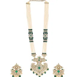 ANIKAS CREATION Gold-Plated Green & Off-White Kundan Studded Pearl Beaded Handcrafted Jewellery Set image 2