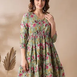 Globus Green Printed Fit & Flare Dress-image-69