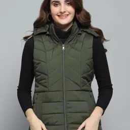 Monte Carlo Women's Olive Solid Detachable Hood Sleeveless Jacket image 1