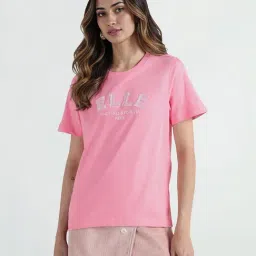 Elle Women Pink Solid Crew Neck Pure Cotton T-Shirt-image-62