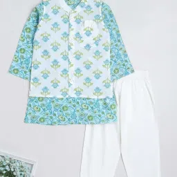 The Magic Wand Kids Turquoise Blue & White Cotton Floral Print Full Sleeves Kurta Set image 1