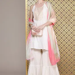 House of Pataudi Women Floral Yoke Design Pure Cotton Jashn Kurta with Sharara & Dupatta-picture-30