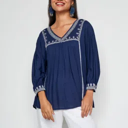 Global Desi Blue Embroidered Tunic image 1