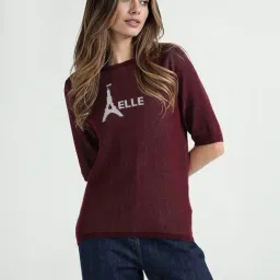 Elle Women Red Textured Round Neck Pure Cotton T-Shirt-image-96